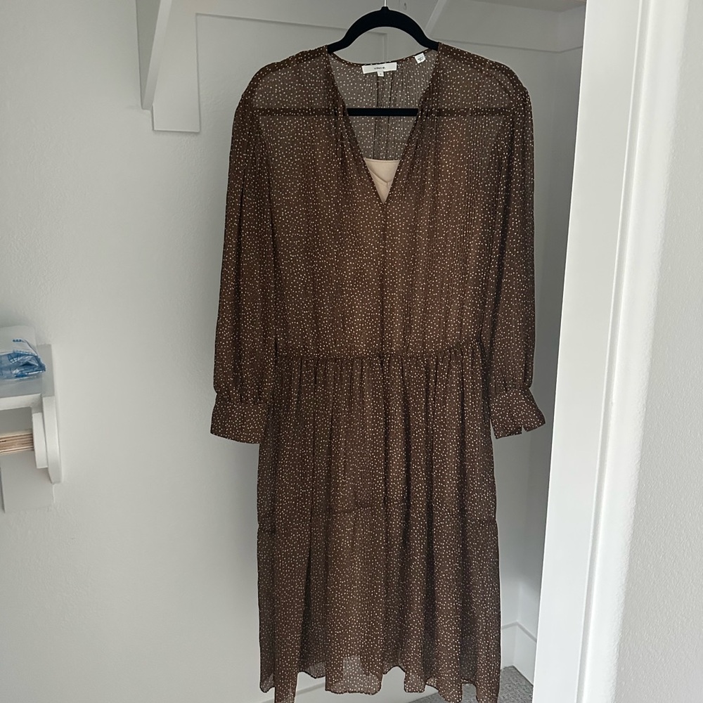 Vince Long Sleeve Dress in Rich Brown and polka dots